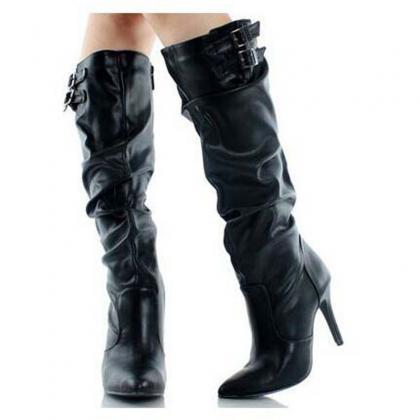 Leather Buckle Ruched High Heel Knee High Boots