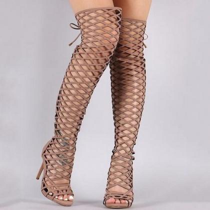 Fashion Cutout Strap Peep Toe High Heel Over Knee..