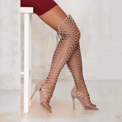 Fashion Cutout Strap Peep Toe High Heel Over Knee..