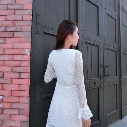 Sexy Deep V Neck Long Sleeve Lace Party Dress