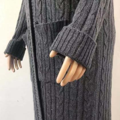 Dark Gray Cable Knitted Warm Sweater Cardigan