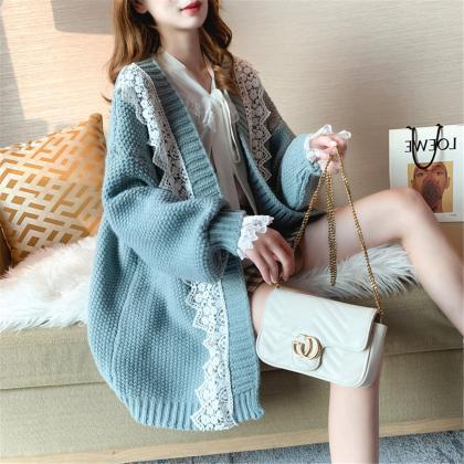 Lace Blue Open Front Knitted Long Cardigan