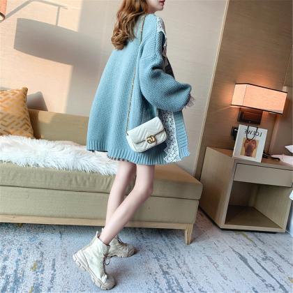 Lace Blue Open Front Knitted Long Cardigan