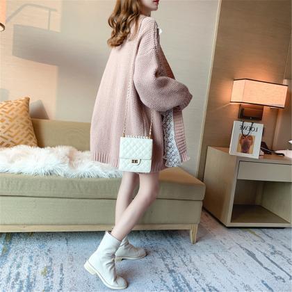 Lace Pink Open Front Knitted Long Cardigan