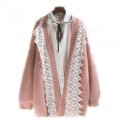 Lace Pink Open Front Knitted Long Cardigan