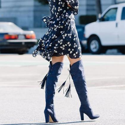 Sexy Blue Suede High Heel Over Knee Fringe Boots
