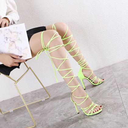 Summer Bright Color Strap High Heel Cutout Sandals