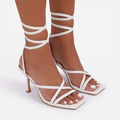 Summer Pu Strap High Heel Square Toe Sandals