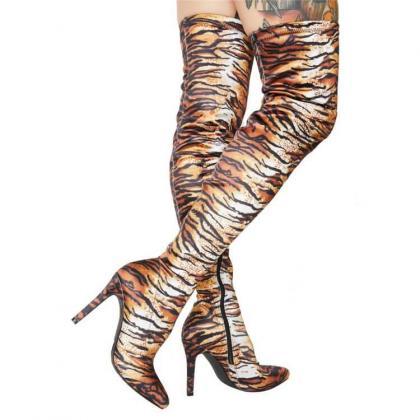 Tiger Party Stretch Print Point Toe Zipper Over..
