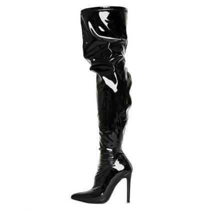 Patent Leather Point Toe High Heel Over Knee Boots