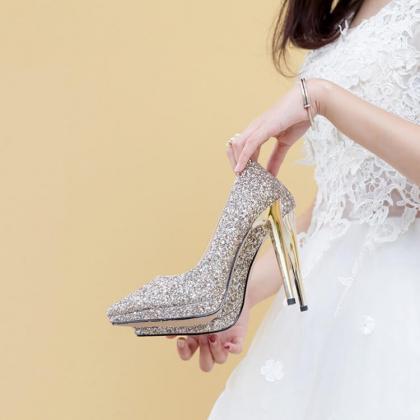 Champagne Wedding Sequin Point Toe Slip-on Pumps
