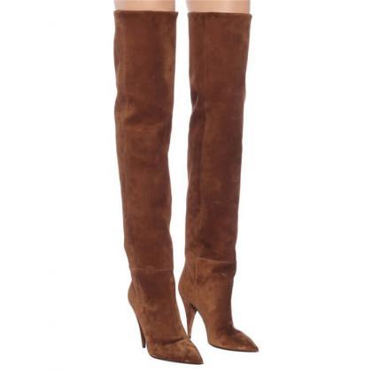 Leather Point Toe Fold High Heel Knee High Boots