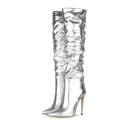 Silver Fashion Pu Point Toe Fold High Heel Knee..