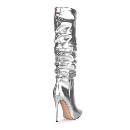 Silver Fashion Pu Point Toe Fold High Heel Knee..