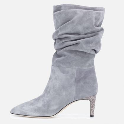 Gray Pu Point Toe Fold High Heel Calf Boots