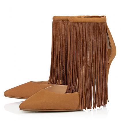 Sexy Brown Suede Point Toe Fringe Buckle High..