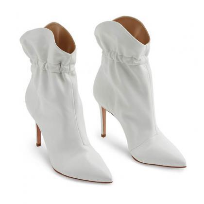 White Fashion Pu Plian Point Toe High Heel Ankle..