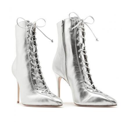 Silver Party Pu Point Toe Strap High Heel Ankle..