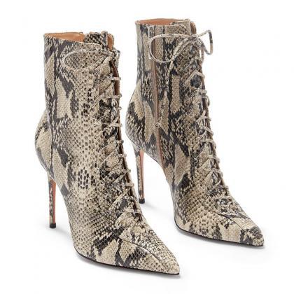 Sexy Pu Snakeskin Point Toe Strap High Heel Boots