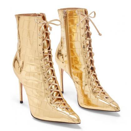Sexy Pu Gold Point Toe Strap High Heel Boots