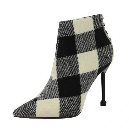Black Plaid Point Toe Fabric High Heel Ankle Boots