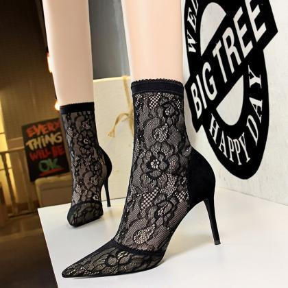Sexy Black Lace Point Toe Stretch High Heel Ankle..
