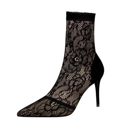 Sexy Black Lace Point Toe Stretch High Heel Ankle..