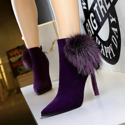 Purple Suede Fur Point Toe Zipper High Heel Ankle..