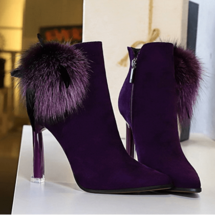 Purple Suede Fur Point Toe Zipper High Heel Ankle..
