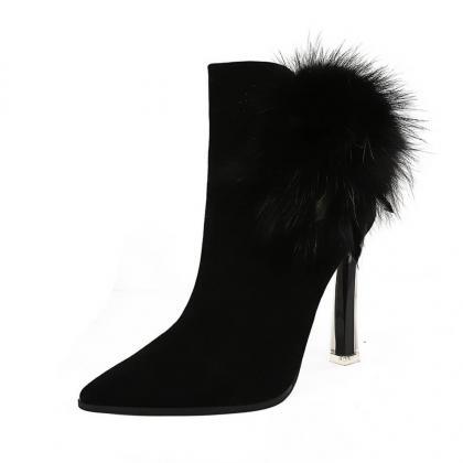 Black Suede Fur Point Toe Zipper High Heel Ankle..