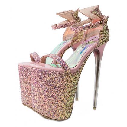 Pink Party Sequin Peep Toe Platform High Heel..