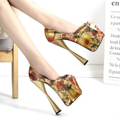 Gold Fashion Flower Print Peep Toe Pu Platform..