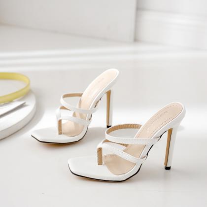 Sexy White Square Toe Thong High Heel Mule Sandals