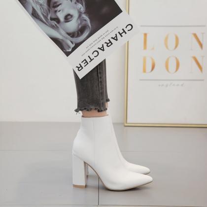 Leather White Point Toe Chunky Heel..