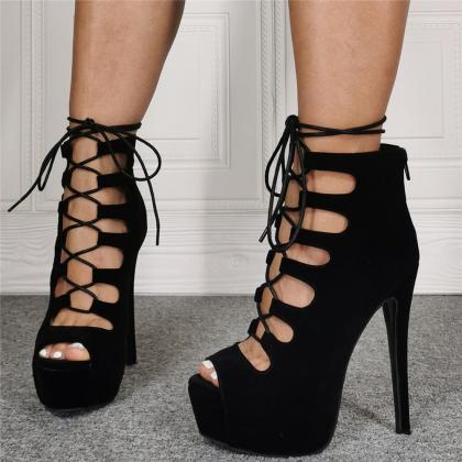 Black Peep Toe Ankle Strap Suede High Heel Sandals