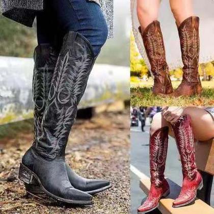 Vintage Women Knee Mid-calf Boots Leather Riding..