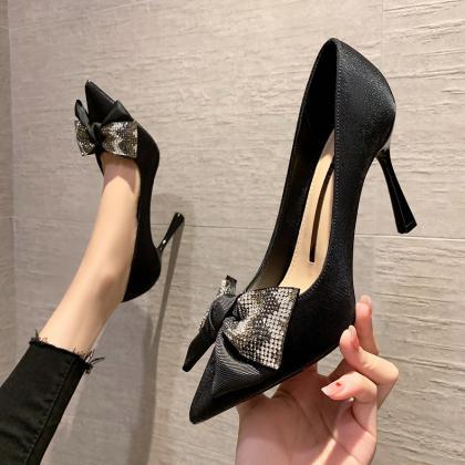 Silk Bow Diamond Shoes-black