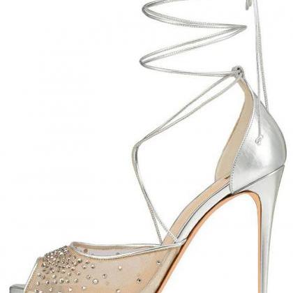 Mesh Drill Cross Strapping Sandals-silvery