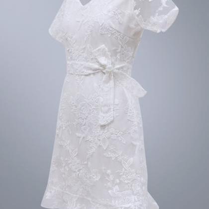 White V Neck Lace Short Dress