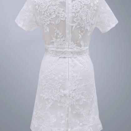 White V Neck Lace Short Dress