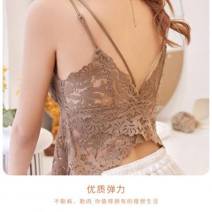 Lace Suspender Vest V-neck Hollowed Out Thin..