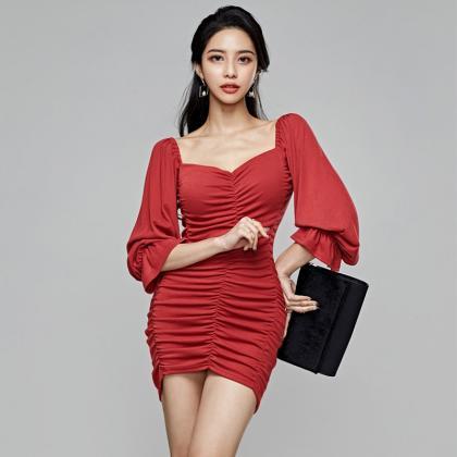 Flared Sleeve Smocked Slim Dress-red