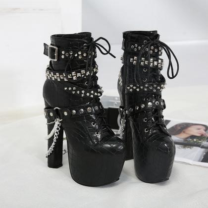 Pure Color Rivets Lace-up Chunky Heel Round Toe..