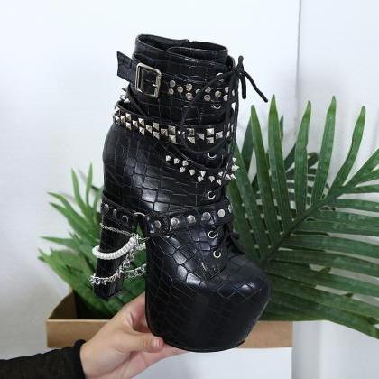 Pure Color Rivets Lace-up Chunky Heel Round Toe..