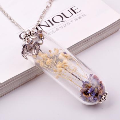 Diy Handmade Glass Cover Dry Flower Necklace White..