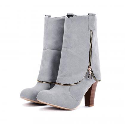Suede High Heel Side Zip Martin Boots-gray