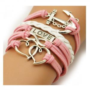 Anchor Double Hearts Love Charm Silver Color Pink..