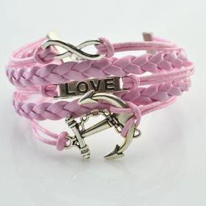 Anchor Double Hearts Love Charm Silver Color Pink..