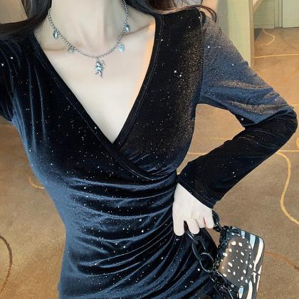 Long Sleeve Shiny Velvet V-neck Split Dress