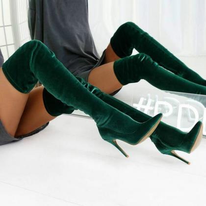 Green Pointed Elastic High Heel Frosted High Tube..